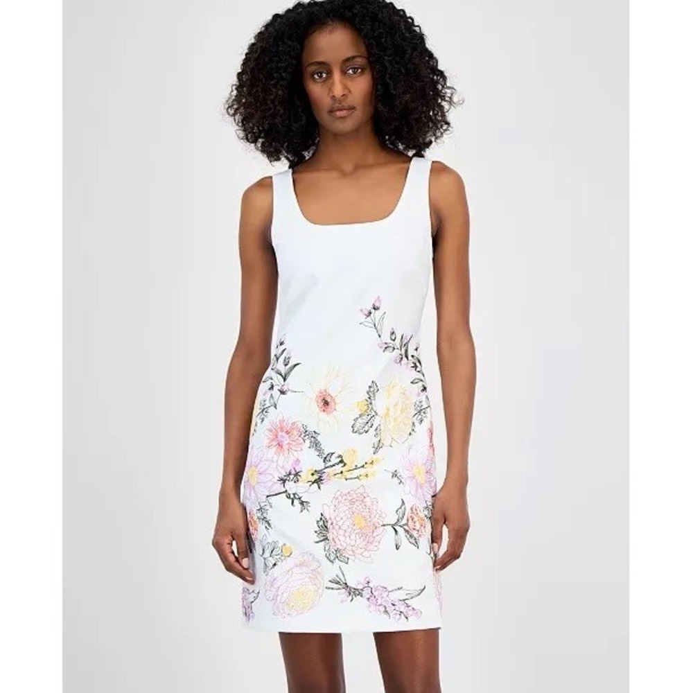 Tahari ASL Women's Square-Neck Sleeveless Shift Dress 2 White Floral Embroidered